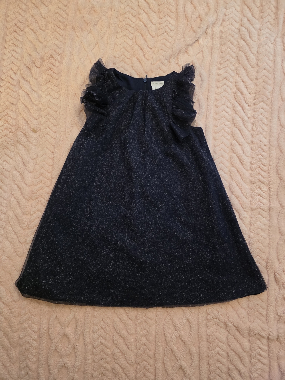 Tahari Navy Sparkle Ruffle Shoulder Dress